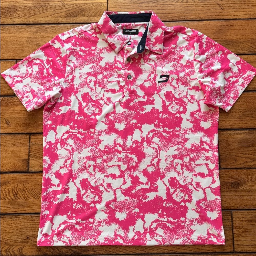 DRUIDS Men’s Dirty Golf Polo Large Pink White Camouflage Lightweight Performance